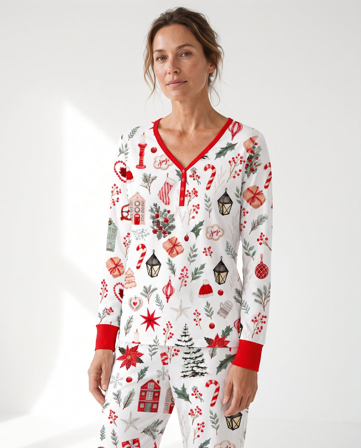 Traditional Watercolor Christmas Decorations Bamboo Women Pajama Set