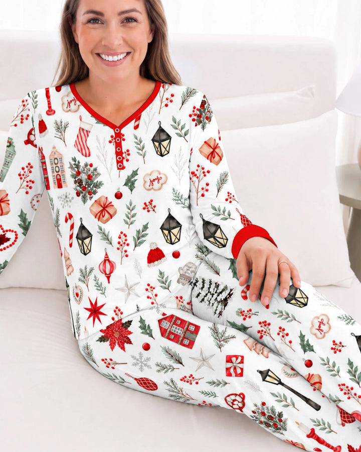 Traditional Watercolor Christmas Decorations Bamboo Women Pajama Set