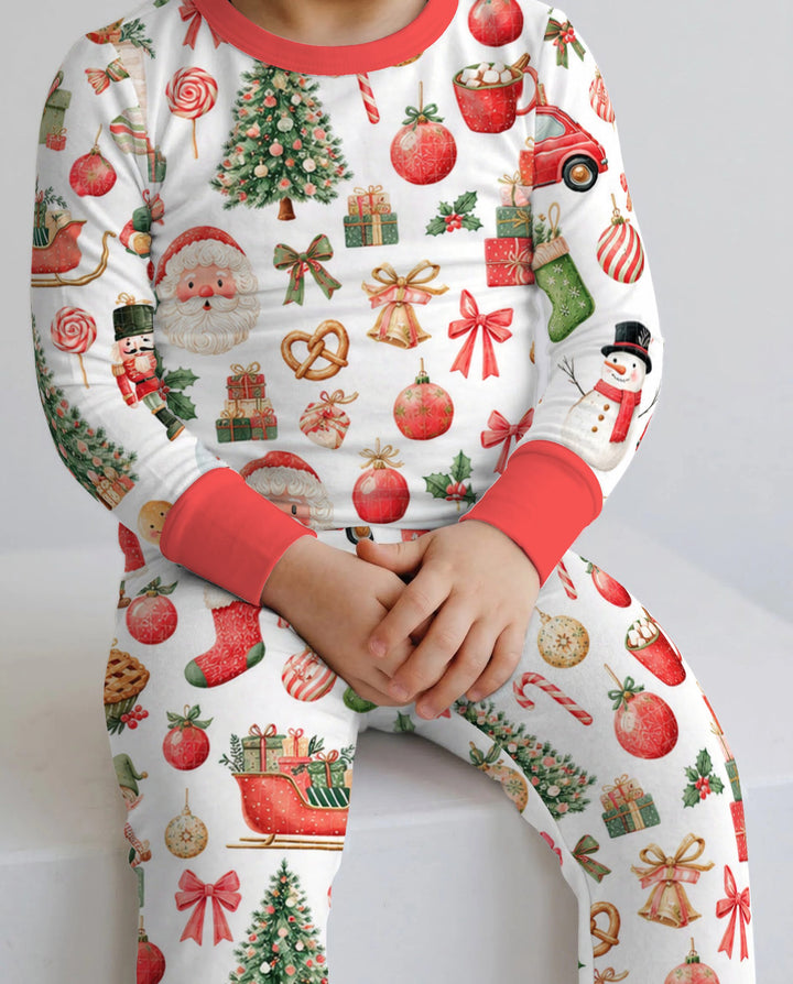 Vintage Christmas Santa and Holiday Icons Bamboo Two Piece Long Sleeve Pajama Set