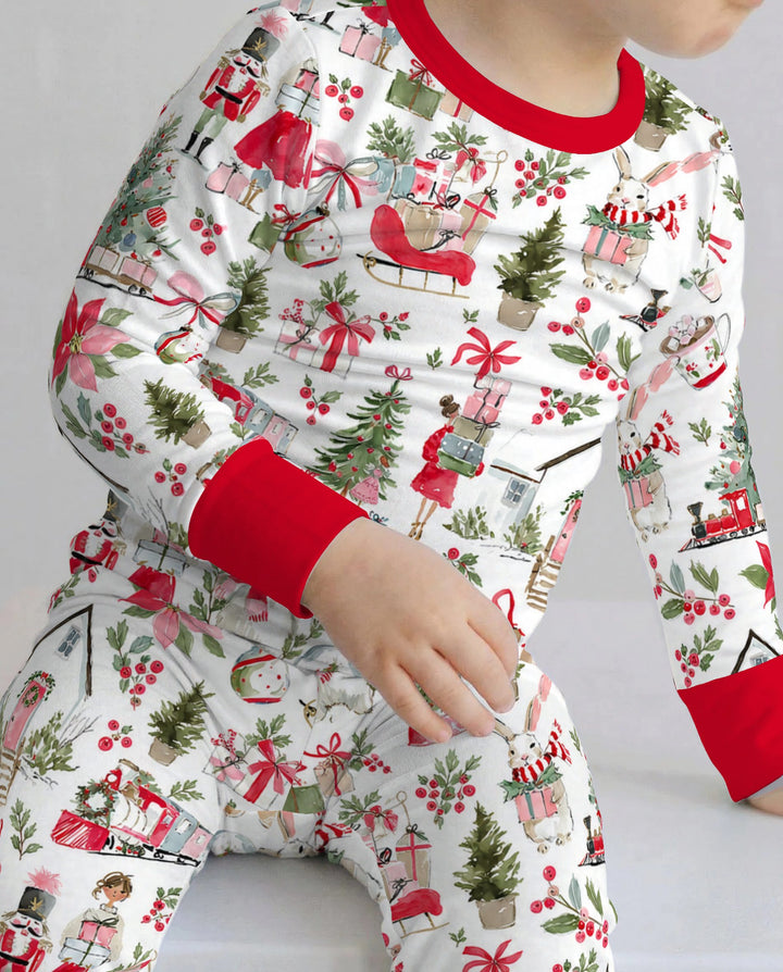 Pink Christmas Nutcracker and Winter Village Bamboo Two Piece Long Sleeve Pajama Set
