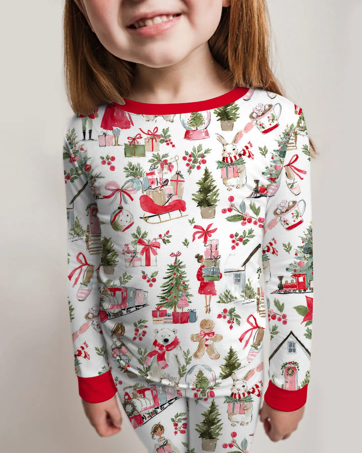 Pink Christmas Nutcracker and Winter Village Bamboo Two Piece Long Sleeve Pajama Set