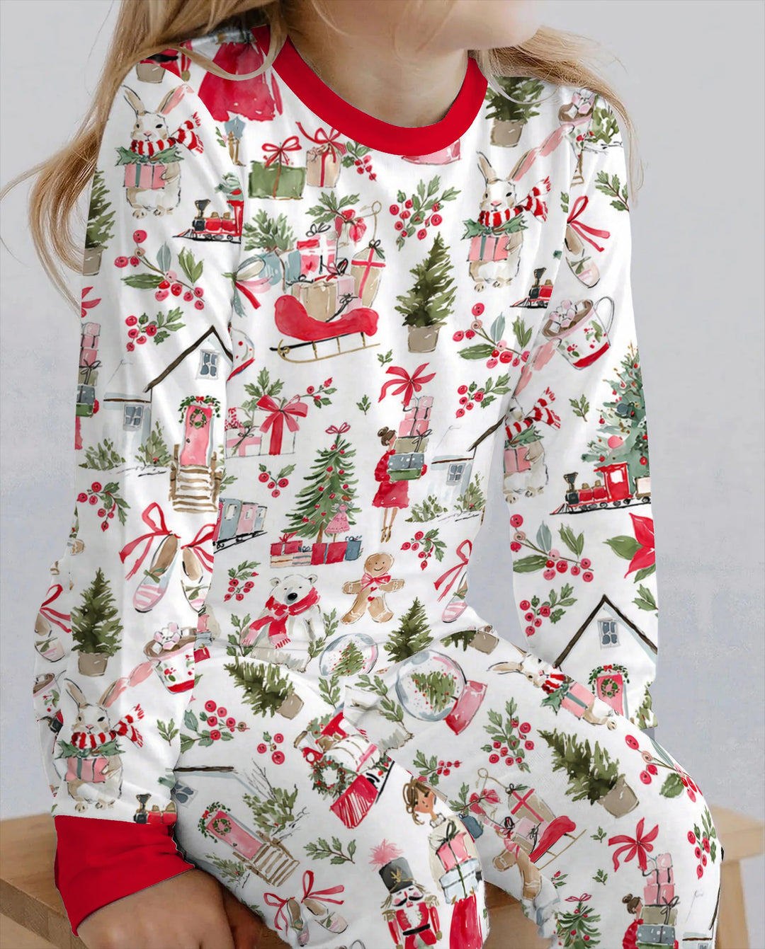 Pink Christmas Nutcracker and Winter Village Bamboo Two Piece Long Sleeve Pajama Set