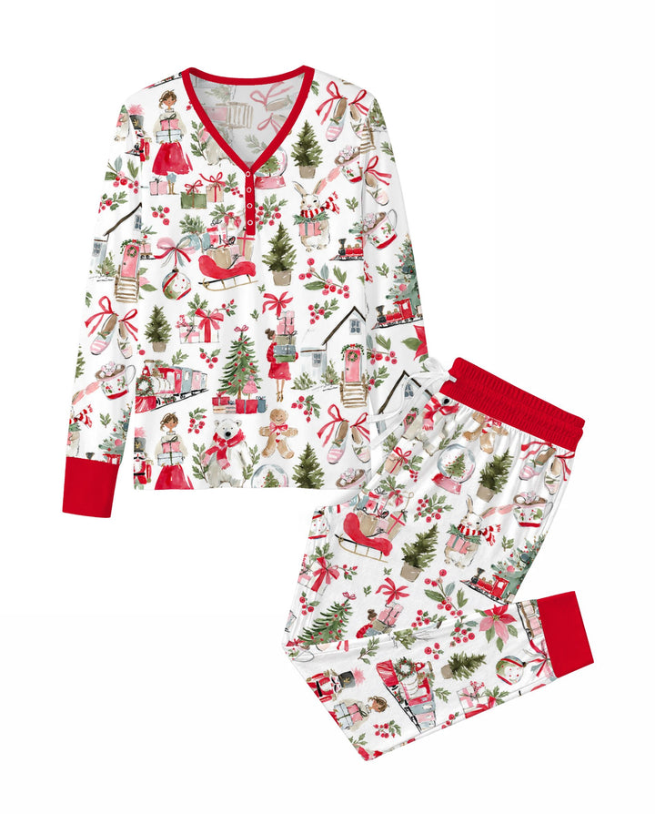 Pink Christmas Nutcracker and Winter Village Bamboo Women Pajama Set