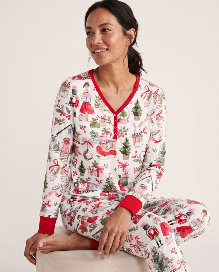 Pink Christmas Nutcracker and Winter Village Bamboo Women Pajama Set