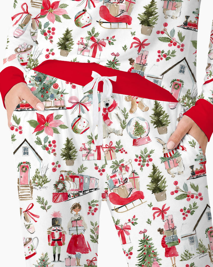 Pink Christmas Nutcracker and Winter Village Bamboo Women Pajama Set