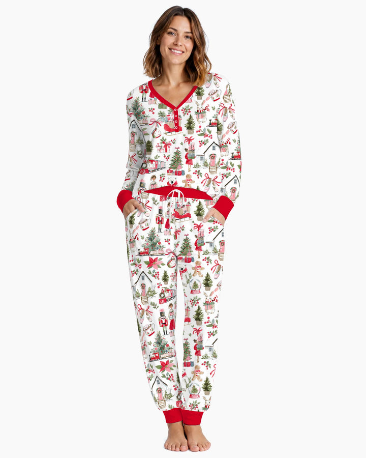 Pink Christmas Nutcracker and Winter Village Bamboo Women Pajama Set