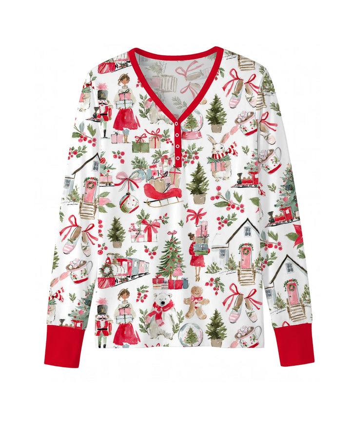 Pink Christmas Nutcracker and Winter Village Bamboo Women Pajama Set