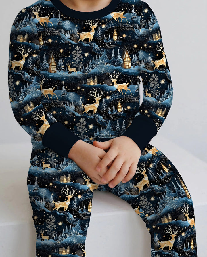 Magical Midnight Blue Winter Deer Forest Bamboo Two Piece Long Sleeve Pajama Set