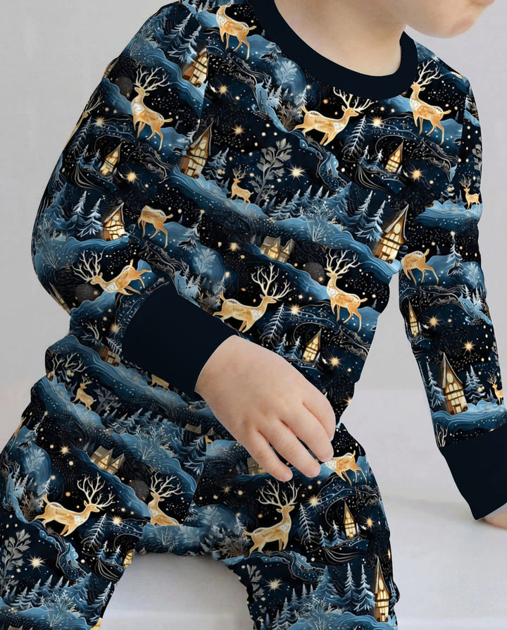 Magical Midnight Blue Winter Deer Forest Bamboo Two Piece Long Sleeve Pajama Set