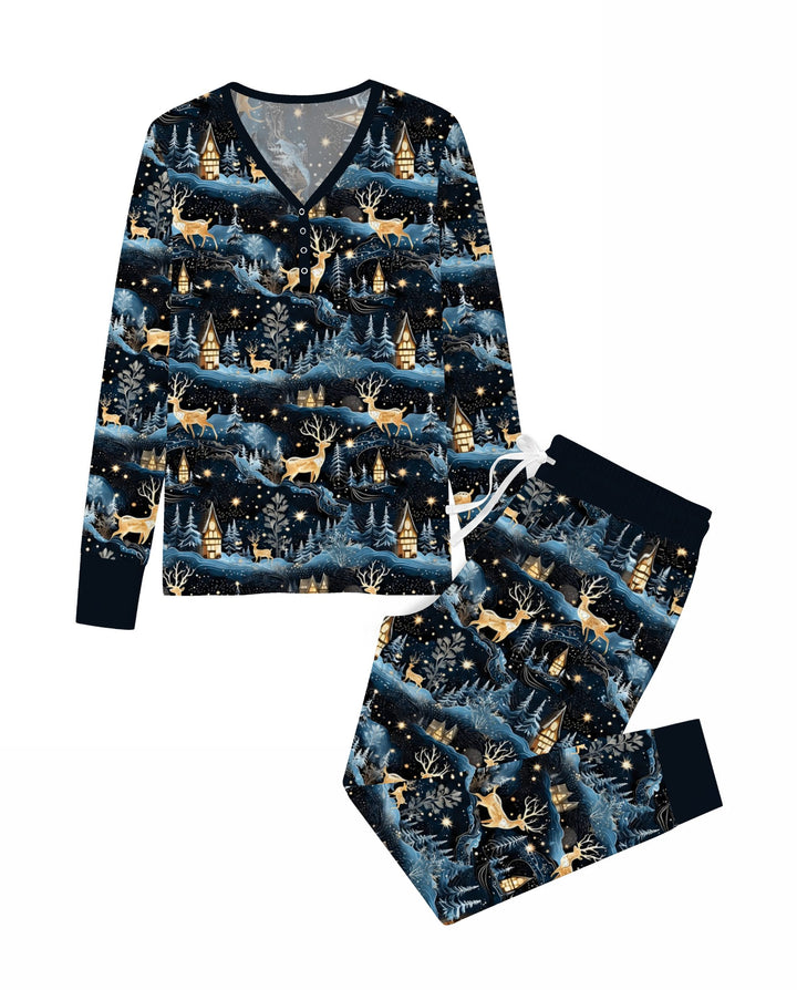 Magical Midnight Blue Winter Deer Forest Bamboo Women Pajama Set