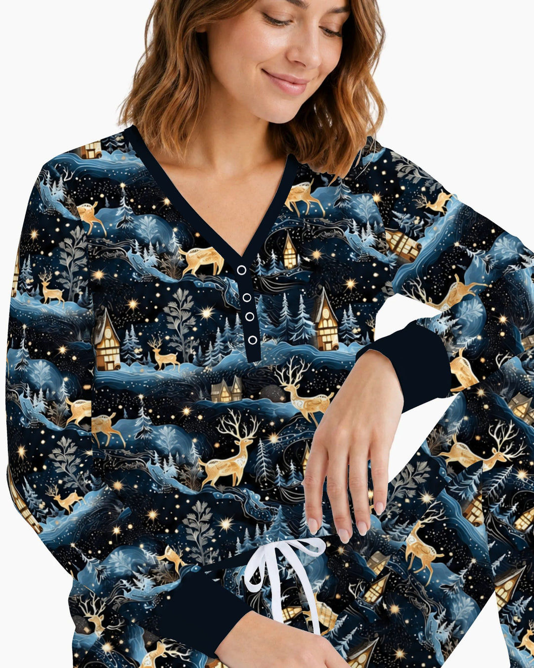 Magical Midnight Blue Winter Deer Forest Bamboo Women Pajama Set