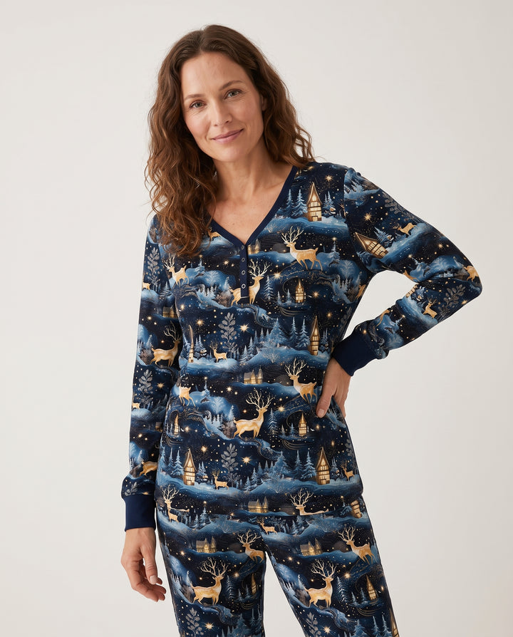 Magical Midnight Blue Winter Deer Forest Bamboo Women Pajama Set