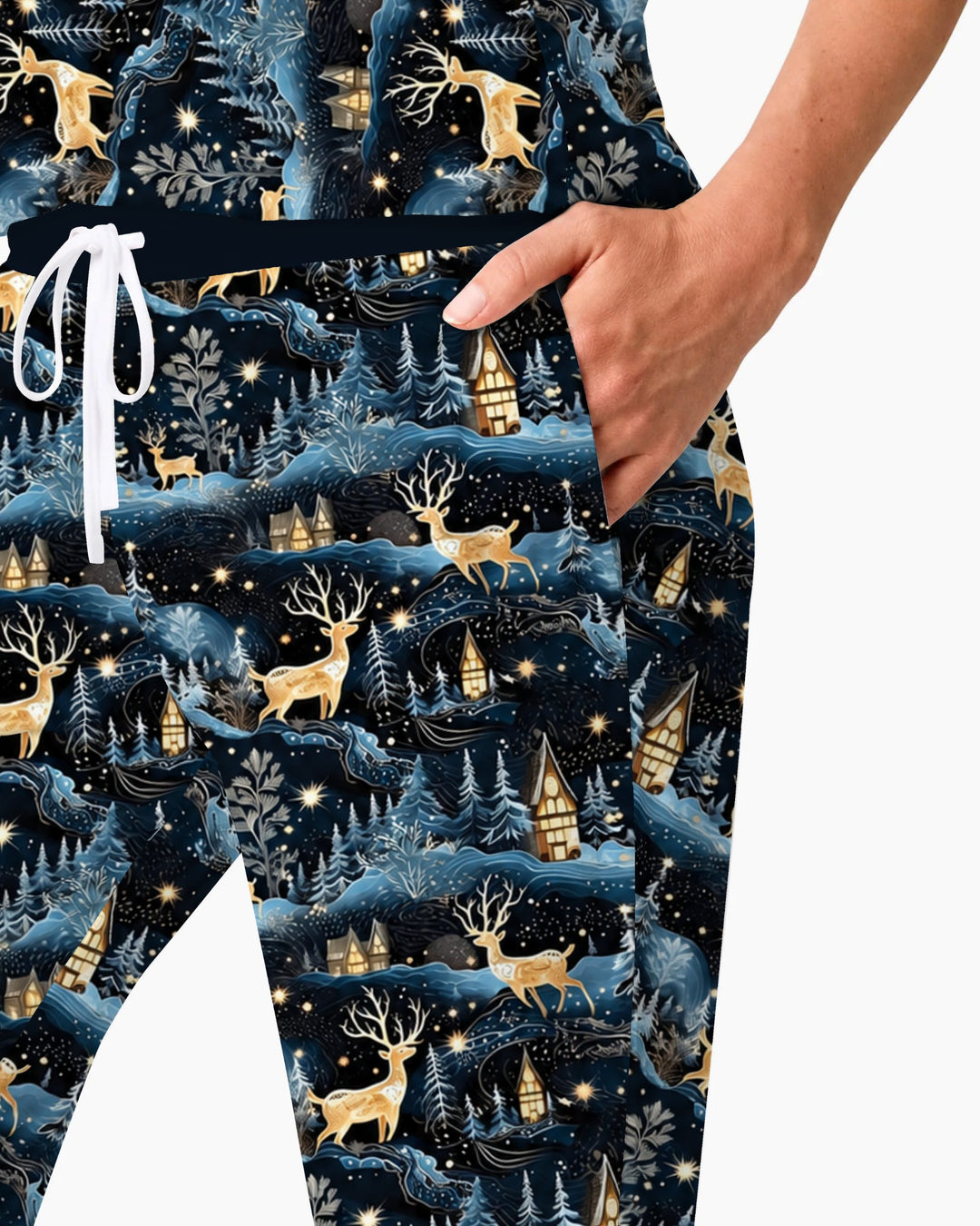 Magical Midnight Blue Winter Deer Forest Bamboo Women Pajama Set