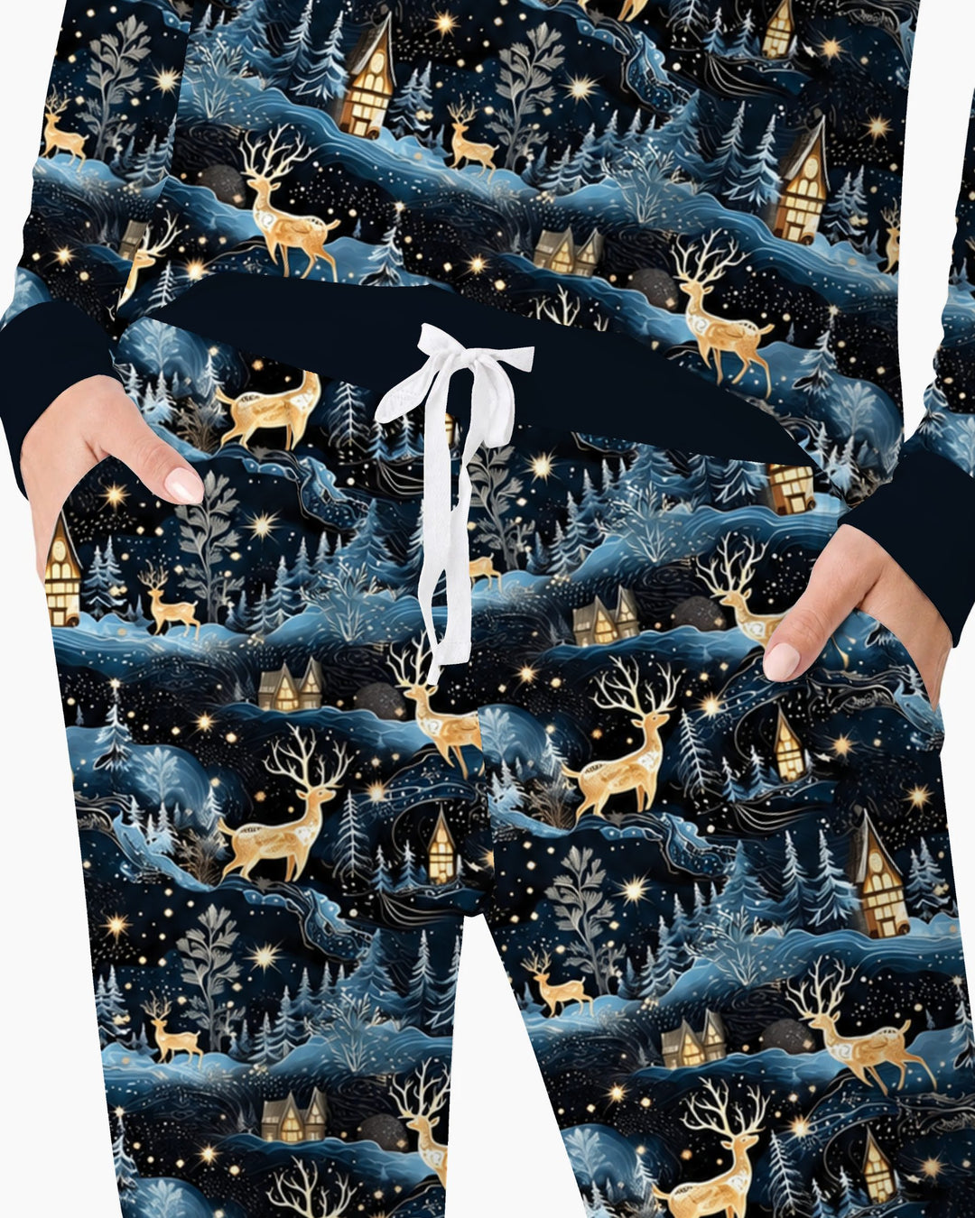 Magical Midnight Blue Winter Deer Forest Bamboo Women Pajama Set