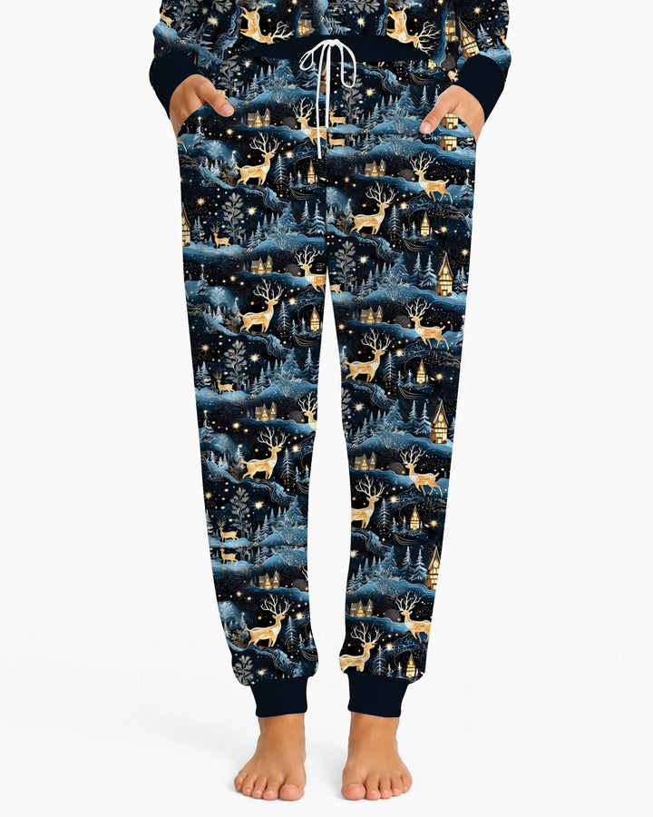 Magical Midnight Blue Winter Deer Forest Bamboo Women Pajama Set