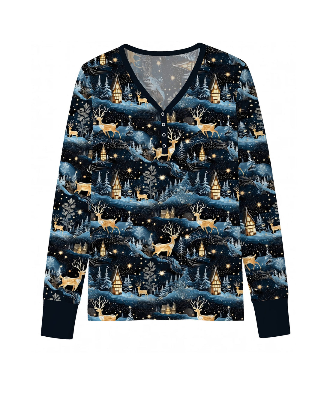 Magical Midnight Blue Winter Deer Forest Bamboo Women Pajama Set