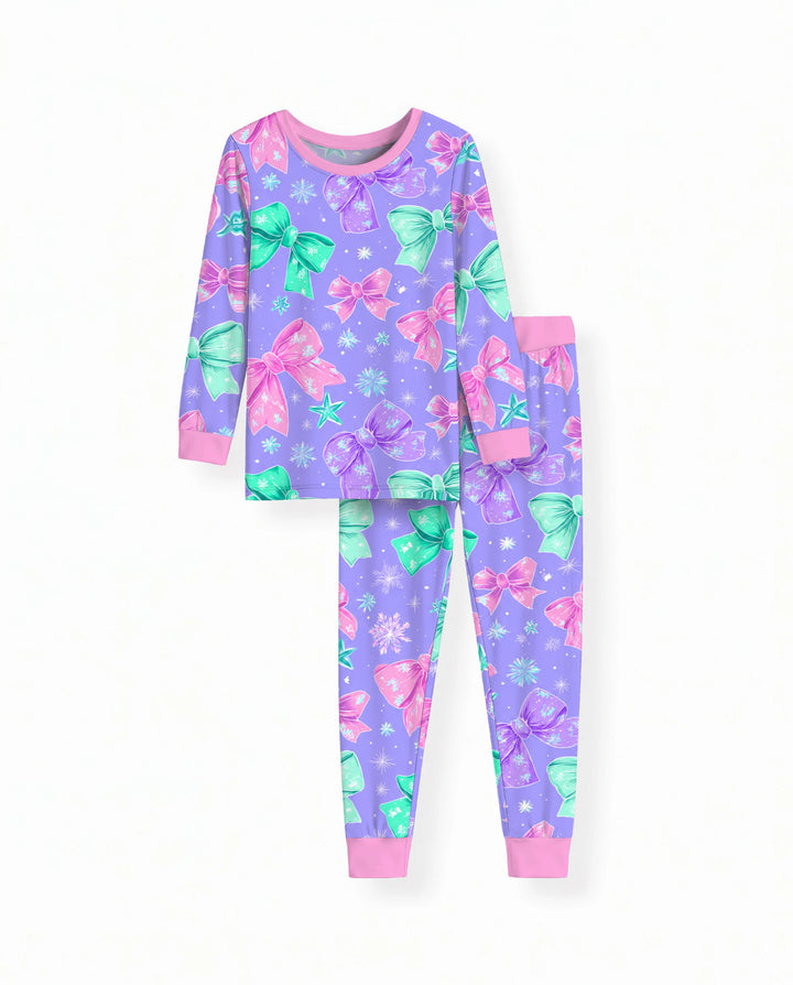 Pastel Coquette Christmas Bows and Snowflakes Bamboo Two Piece Long Sleeve Pajama Set