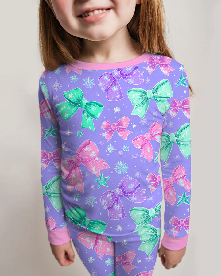 Pastel Coquette Christmas Bows and Snowflakes Bamboo Two Piece Long Sleeve Pajama Set