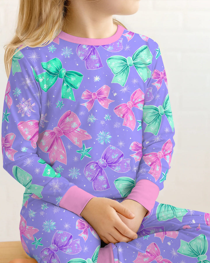 Pastel Coquette Christmas Bows and Snowflakes Bamboo Two Piece Long Sleeve Pajama Set