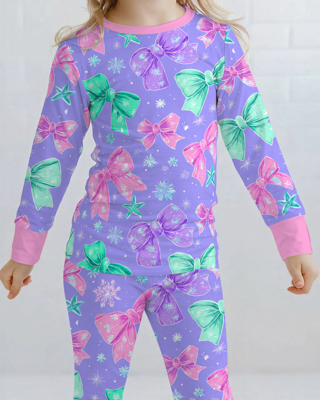 Pastel Coquette Christmas Bows and Snowflakes Bamboo Two Piece Long Sleeve Pajama Set