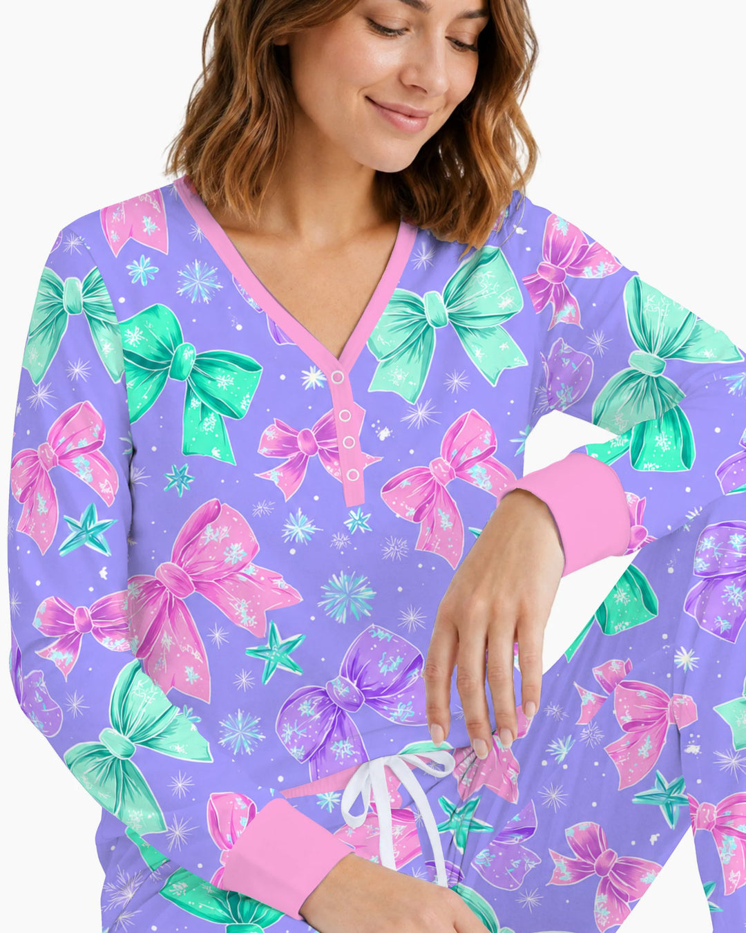 Pastel Coquette Christmas Bows and Snowflakes Bamboo Women Pajama Set