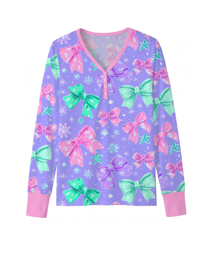 Pastel Coquette Christmas Bows and Snowflakes Bamboo Women Pajama Set