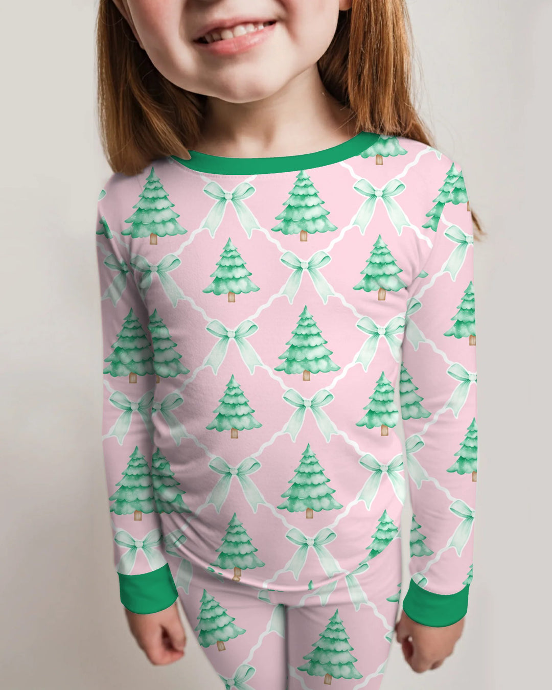 Mint Green Christmas Tree Bow Lattice Bamboo Two Piece Long Sleeve Pajama Set
