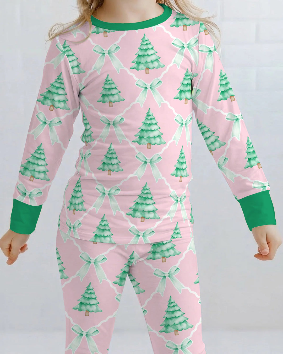 Mint Green Christmas Tree Bow Lattice Bamboo Two Piece Long Sleeve Pajama Set