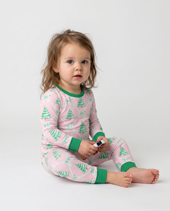 Mint Green Christmas Tree Bow Lattice Bamboo Two Piece Long Sleeve Pajama Set