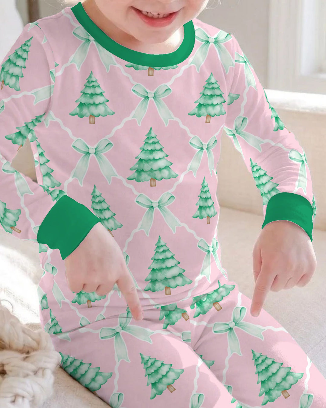 Mint Green Christmas Tree Bow Lattice Bamboo Two Piece Long Sleeve Pajama Set