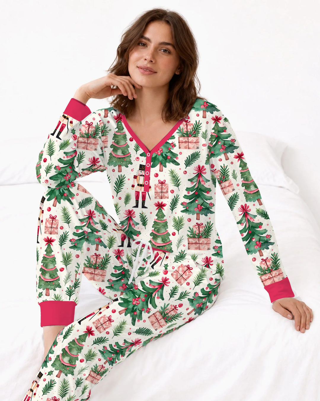Pink Nutcracker Christmas Tree Toss Bamboo Women Pajama Set