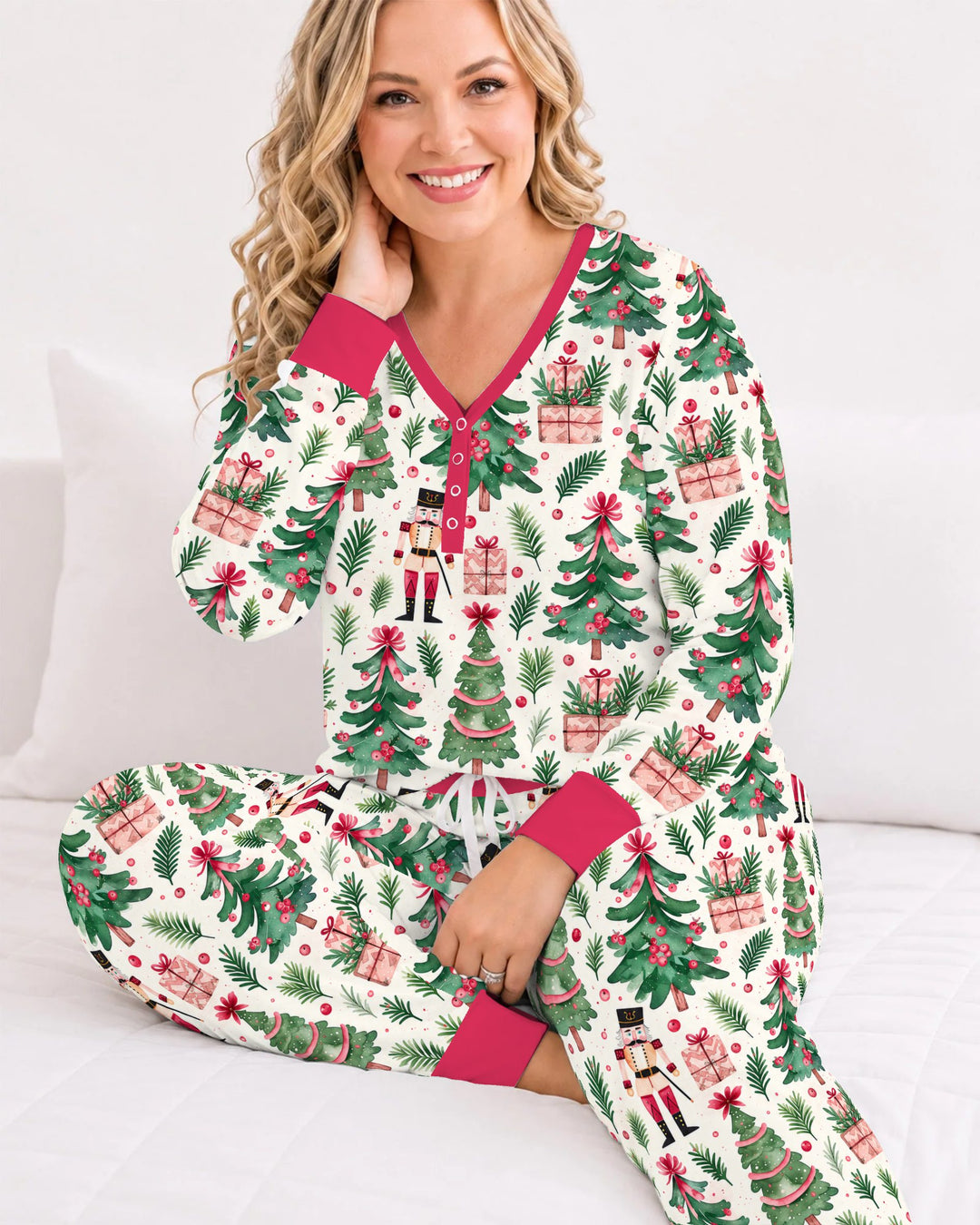Pink Nutcracker Christmas Tree Toss Bamboo Women Pajama Set