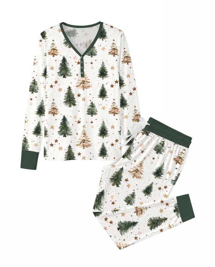 Rustic Watercolor Christmas Tree Stars Bamboo Women Pajama Set
