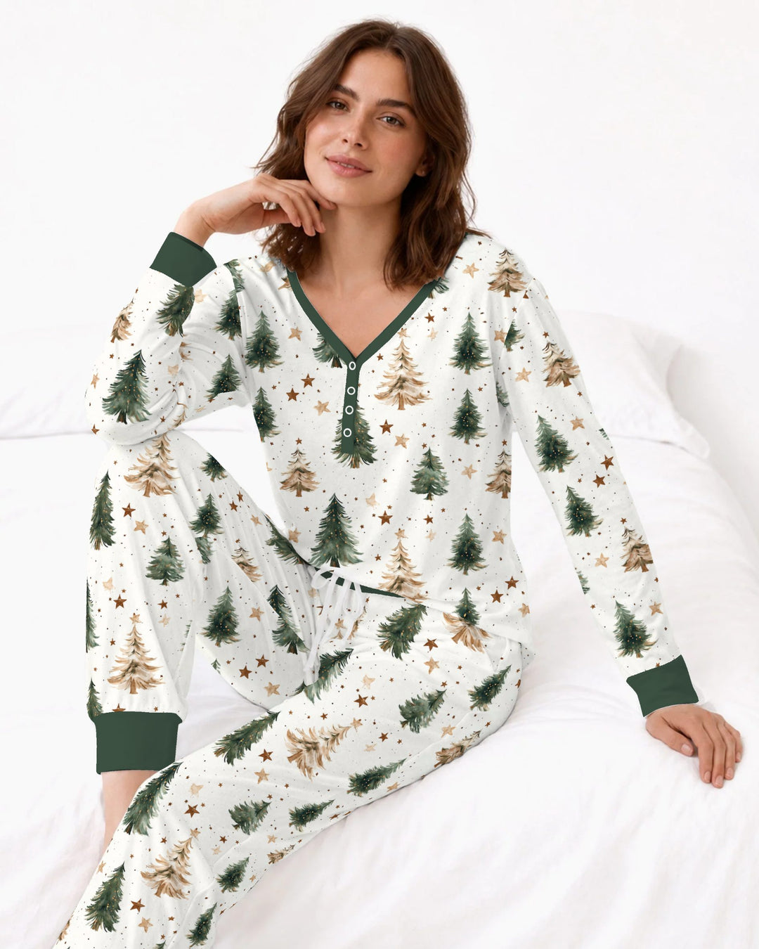 Rustic Watercolor Christmas Tree Stars Bamboo Women Pajama Set