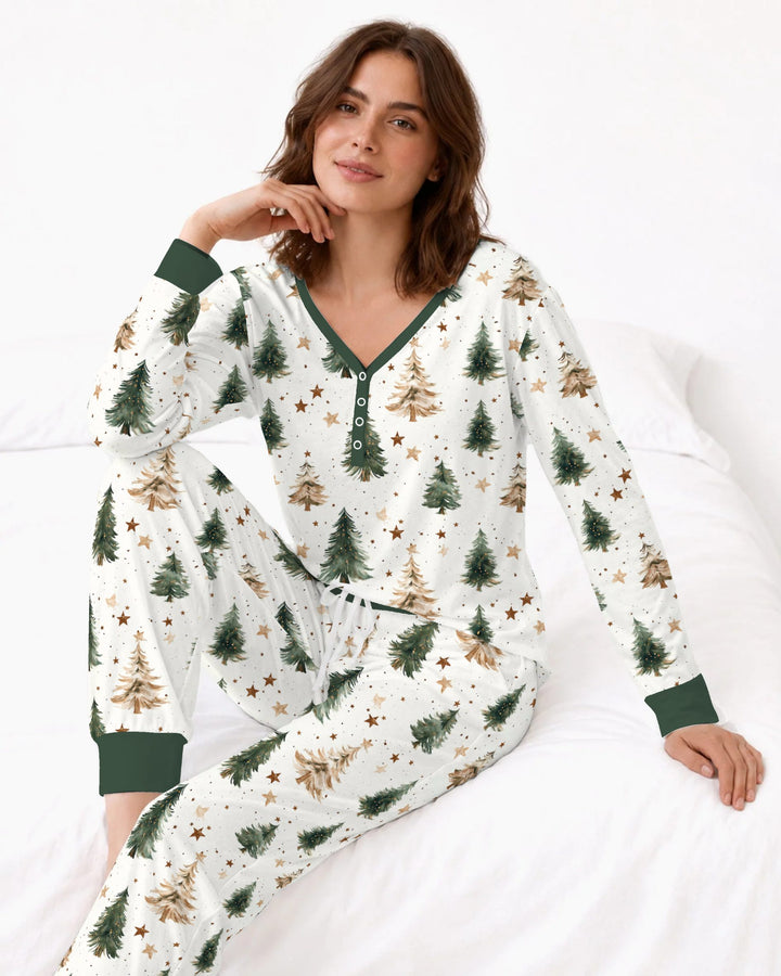 Rustic Watercolor Christmas Tree Stars Bamboo Women Pajama Set
