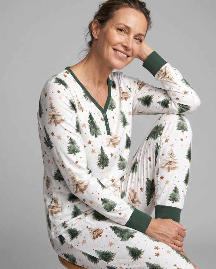 Rustic Watercolor Christmas Tree Stars Bamboo Women Pajama Set