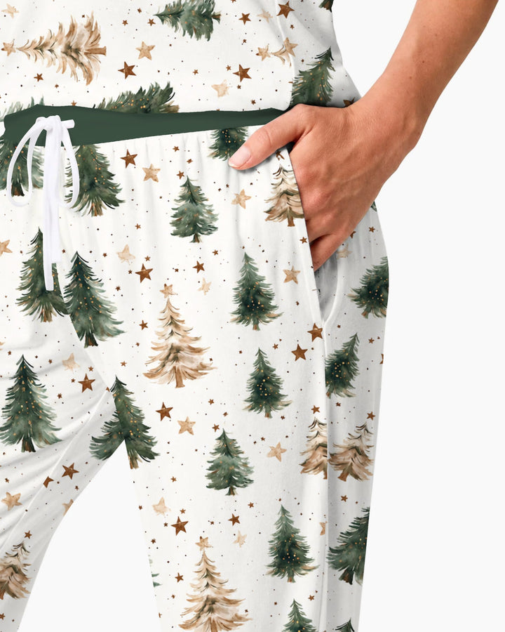 Rustic Watercolor Christmas Tree Stars Bamboo Women Pajama Set