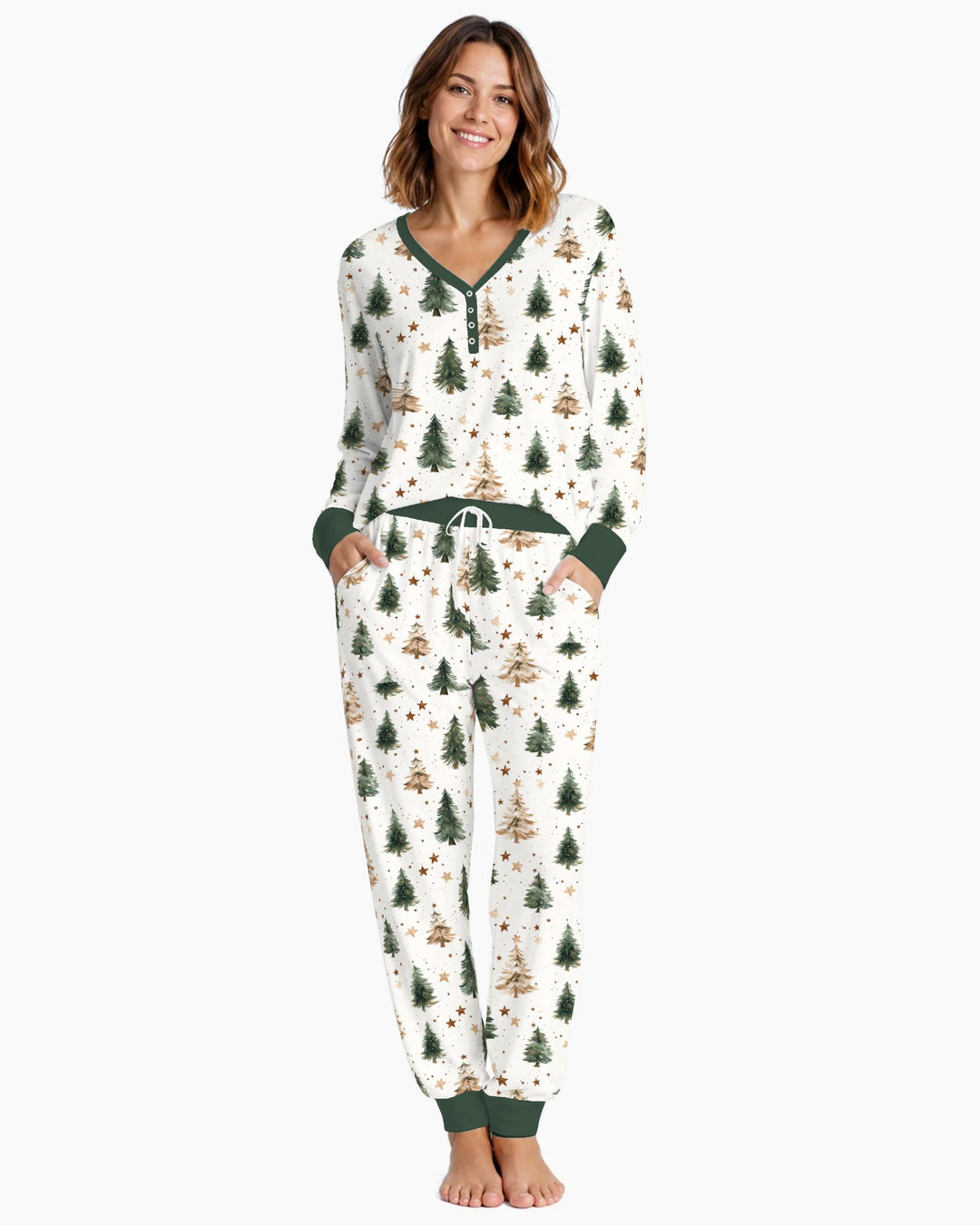 Rustic Watercolor Christmas Tree Stars Bamboo Women Pajama Set