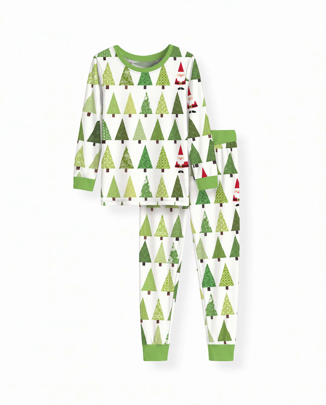 Retro Green Christmas Tree and Santa Rows Bamboo Two Piece Long Sleeve Pajama Set