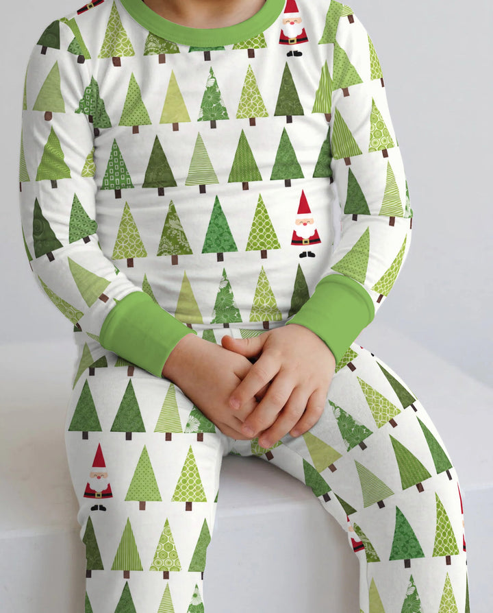 Retro Green Christmas Tree and Santa Rows Bamboo Two Piece Long Sleeve Pajama Set