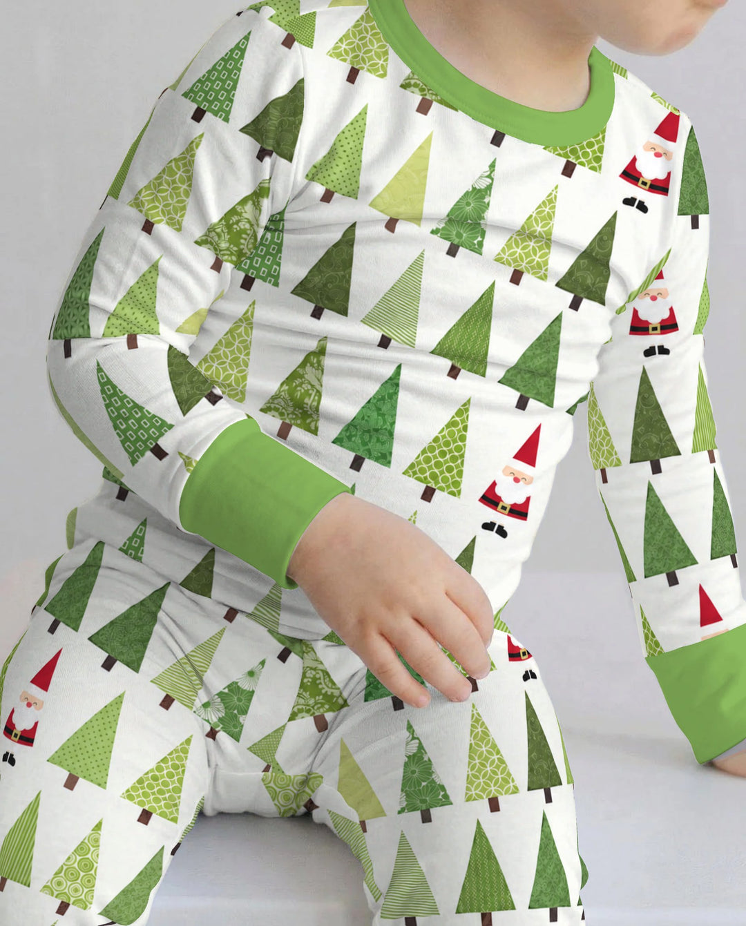 Retro Green Christmas Tree and Santa Rows Bamboo Two Piece Long Sleeve Pajama Set