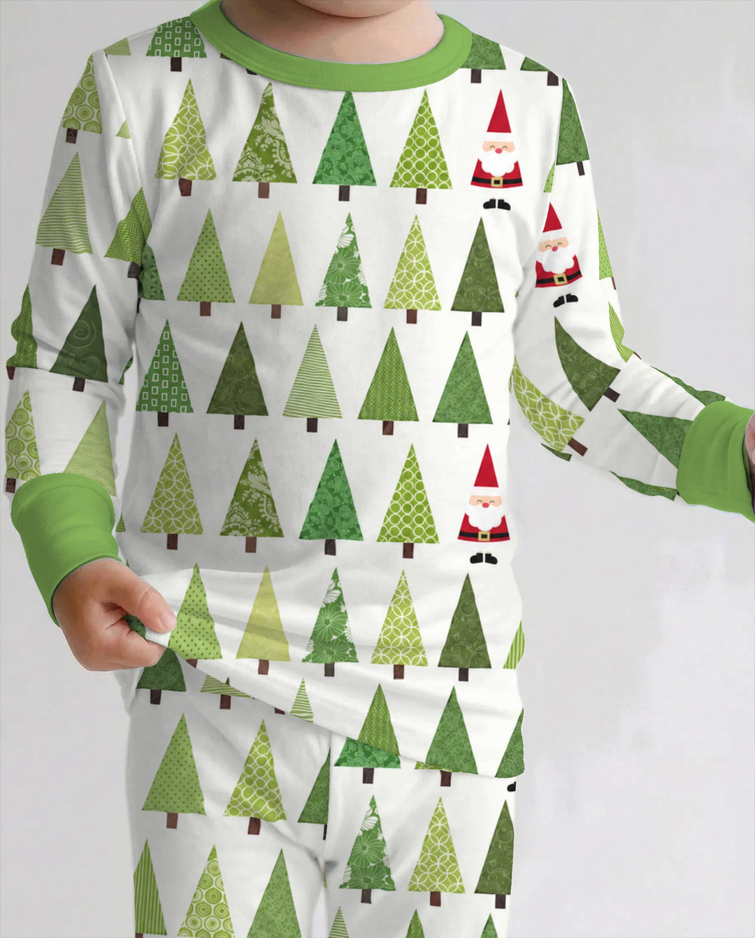 Retro Green Christmas Tree and Santa Rows Bamboo Two Piece Long Sleeve Pajama Set