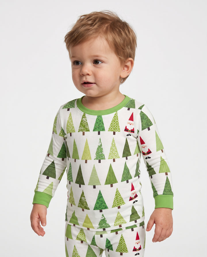 Retro Green Christmas Tree and Santa Rows Bamboo Two Piece Long Sleeve Pajama Set