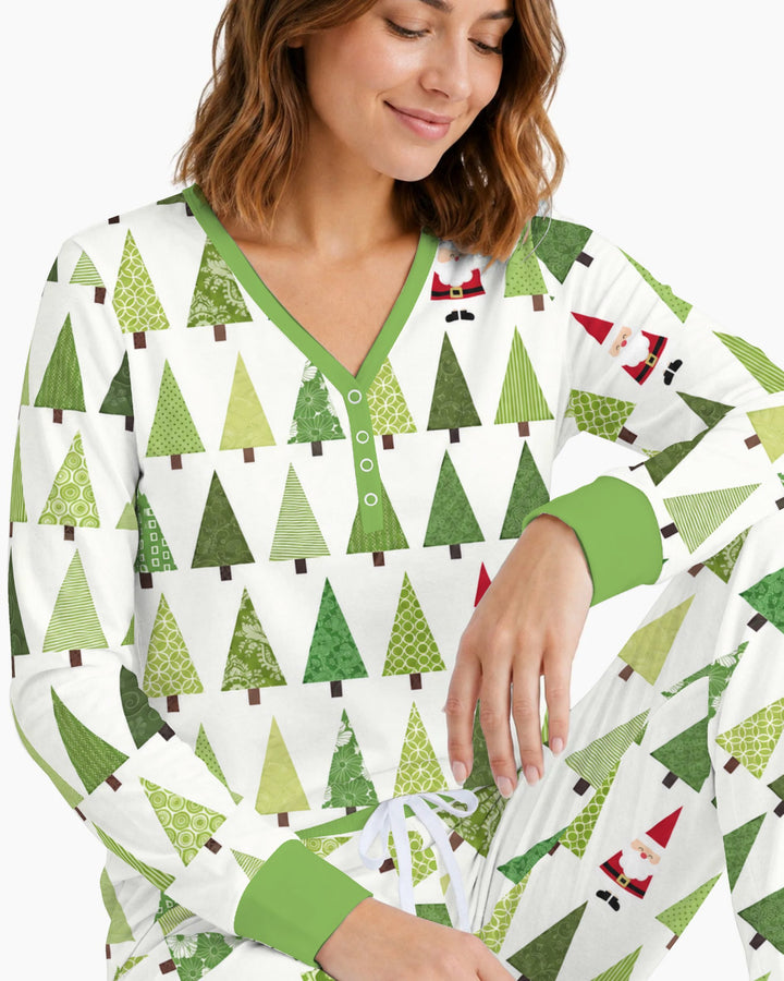 Retro Green Christmas Tree and Santa Rows Bamboo Women Pajama Set