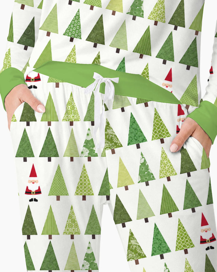 Retro Green Christmas Tree and Santa Rows Bamboo Women Pajama Set