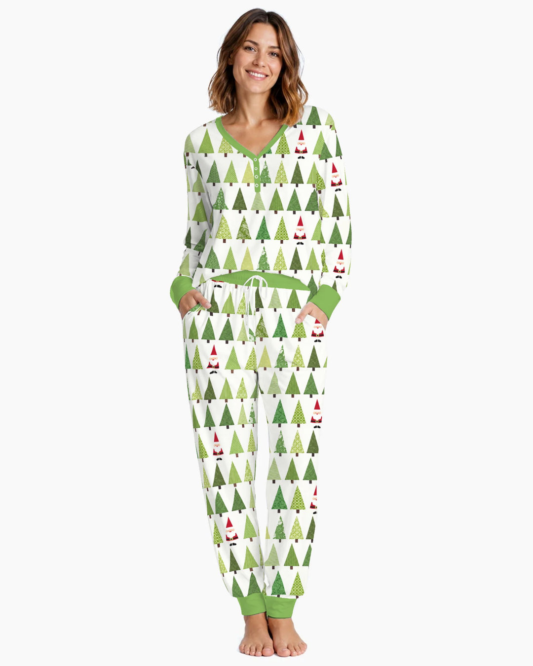 Retro Green Christmas Tree and Santa Rows Bamboo Women Pajama Set