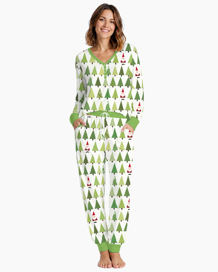 Retro Green Christmas Tree and Santa Rows Bamboo Women Pajama Set