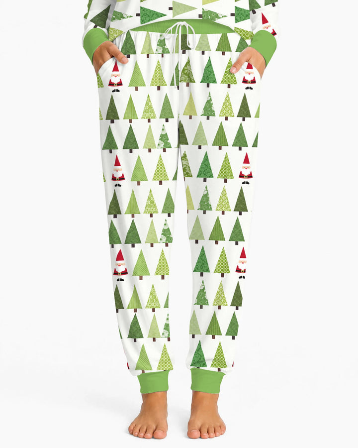 Retro Green Christmas Tree and Santa Rows Bamboo Women Pajama Set