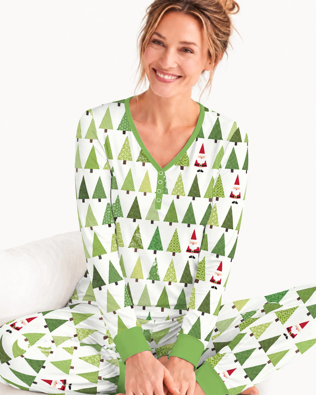 Retro Green Christmas Tree and Santa Rows Bamboo Women Pajama Set