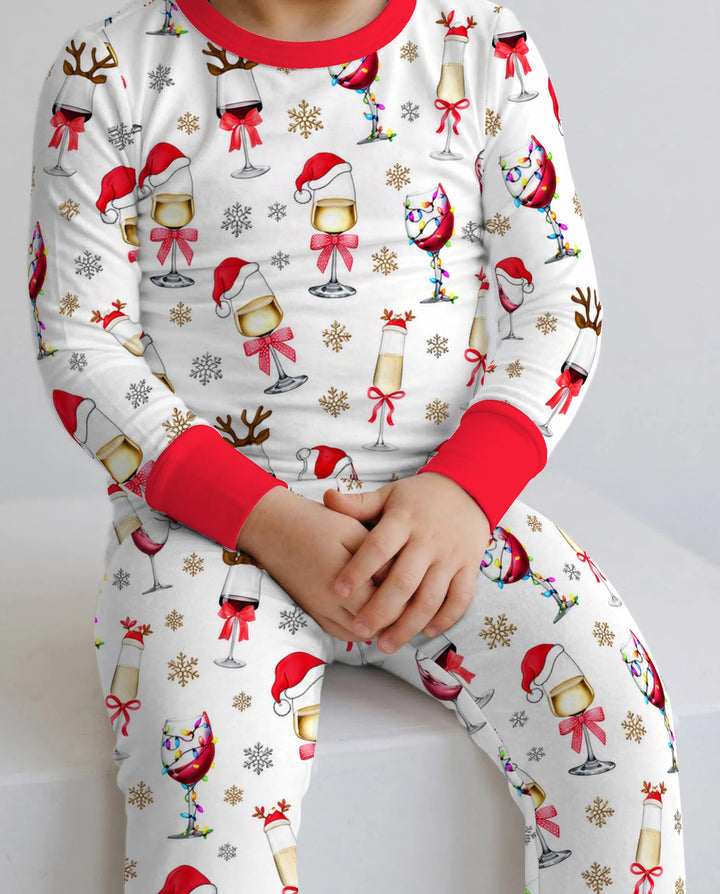 Festive Christmas Wine Glasses Bamboo Two Piece Long Sleeve Pajama Set